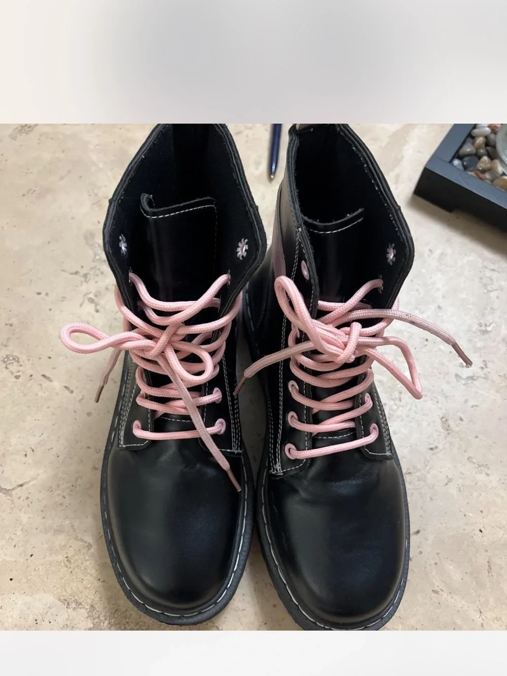 Black Combat Boots with Pink Laces